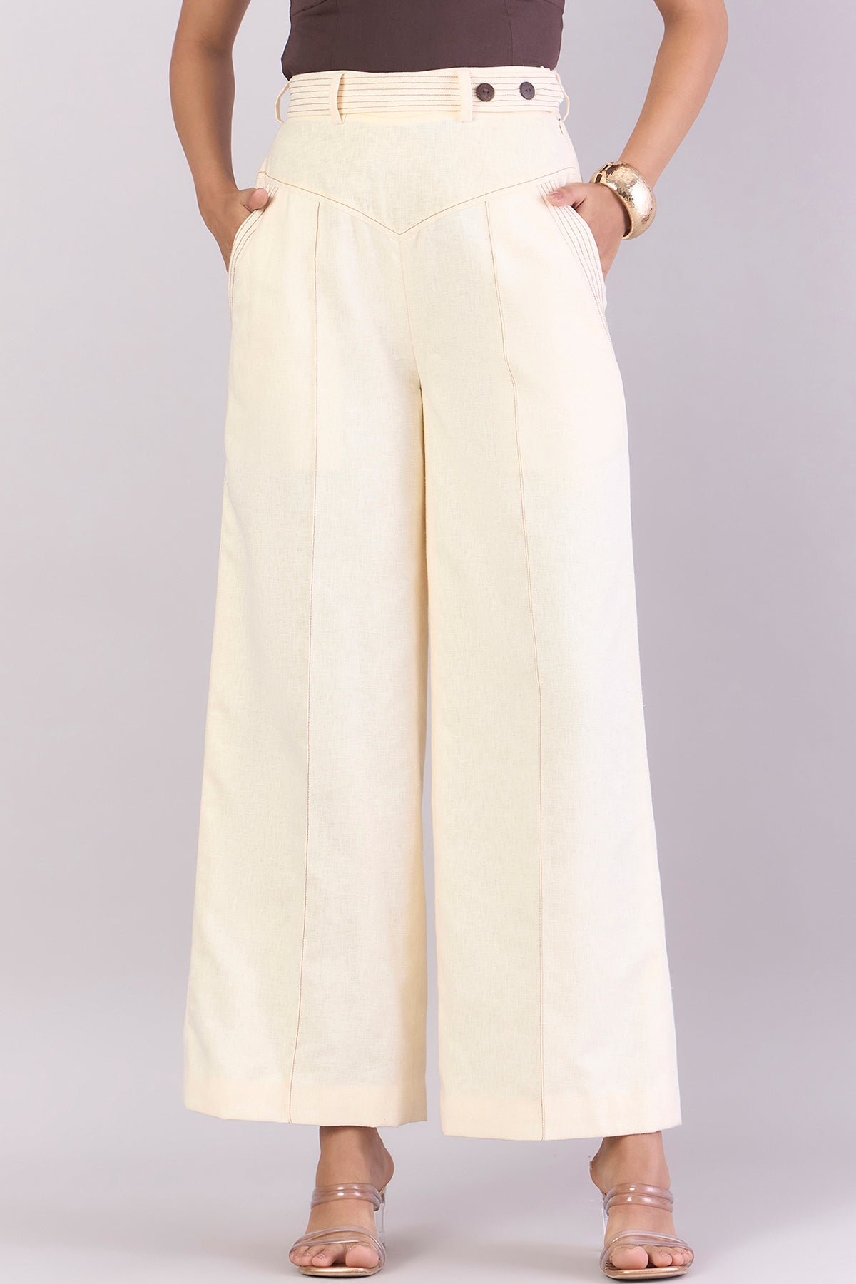Buy Cream Straight Trousers & Belt by PowerSutra for women online at ScrollnShops